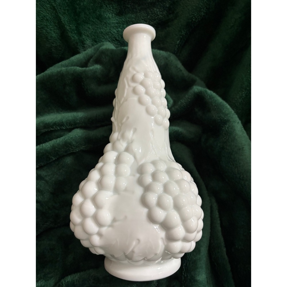 Vintage Milk Glass Bud Vase Raised Grape and Leaf Harvest Pattern White 9 Inch